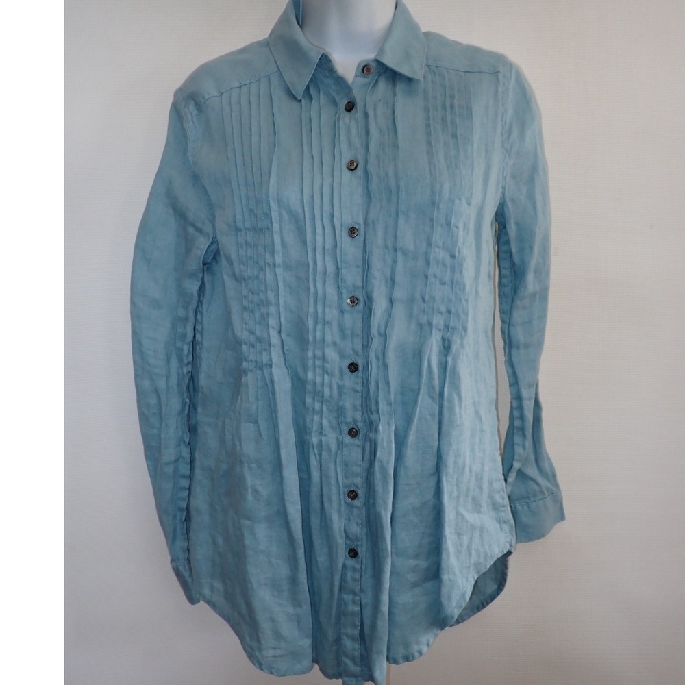 Sundance Womens XS Blue 100% Linen Pintuck Pleated Button Down Long Sleeve Shirt - Picture 2 of 5